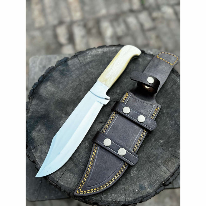 Frontier Bowie Knife, Hand Forged High Carbon Steel Clip Point Blade, Black Micarta Handle, Full Tang with Leather Sheath