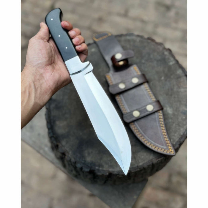 Frontier Bowie Knife, Hand Forged High Carbon Steel Clip Point Blade, Black Micarta Handle, Full Tang with Leather Sheath