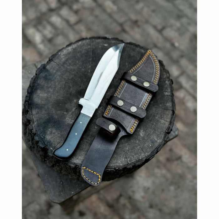 Frontier Bowie Knife, Hand Forged High Carbon Steel Clip Point Blade, Black Micarta Handle, Full Tang with Leather Sheath