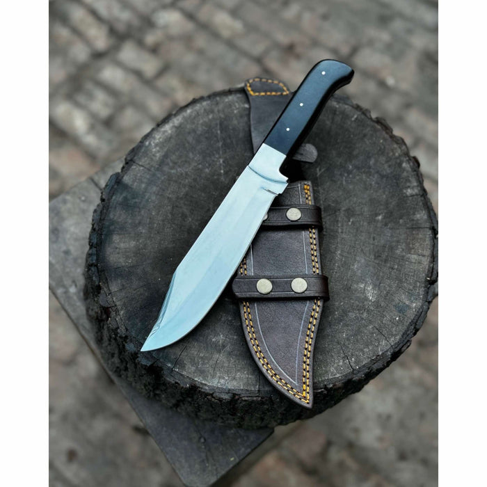 Frontier Bowie Knife, Hand Forged High Carbon Steel Clip Point Blade, Black Micarta Handle, Full Tang with Leather Sheath