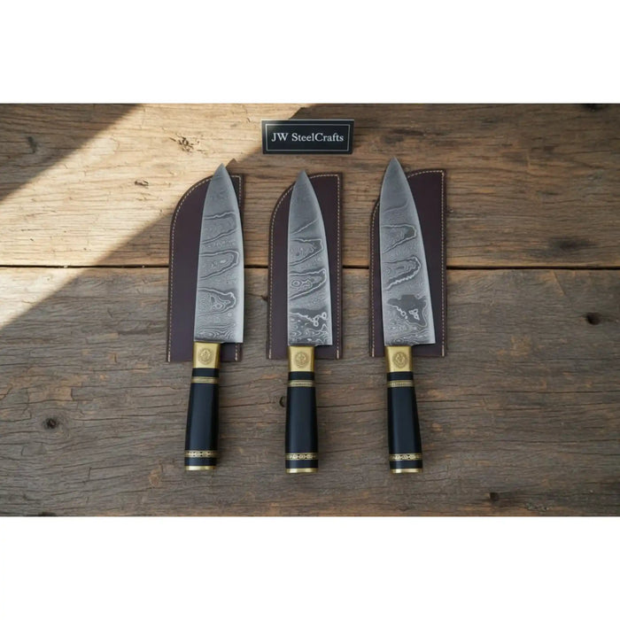 3-Piece Damascus Chef Knife Set — 13 Inch Blades with Black Resin Handles, Brass Bolsters & Leather Sheaths | JW Steel Crafts