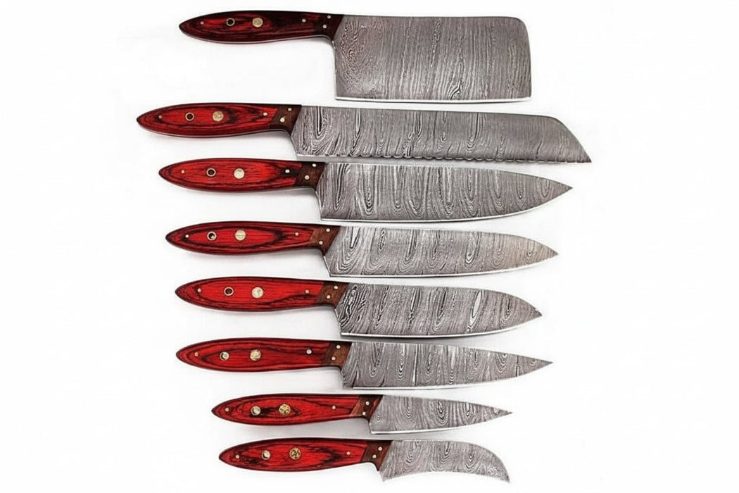 JW SteelCrafts Handmade Damascus Kitchen Knife Set of 8, Cleaver, Santoku, Gyuto Chef, Utility, Boning and Skinning Knives, Red Pakka Wood Handle, Full Tang
