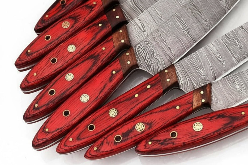 JW SteelCrafts Handmade Damascus Kitchen Knife Set of 8, Cleaver, Santoku, Gyuto Chef, Utility, Boning and Skinning Knives, Red Pakka Wood Handle, Full Tang