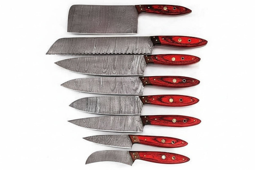 JW SteelCrafts Handmade Damascus Kitchen Knife Set of 8, Cleaver, Santoku, Gyuto Chef, Utility, Boning and Skinning Knives, Red Pakka Wood Handle, Full Tang