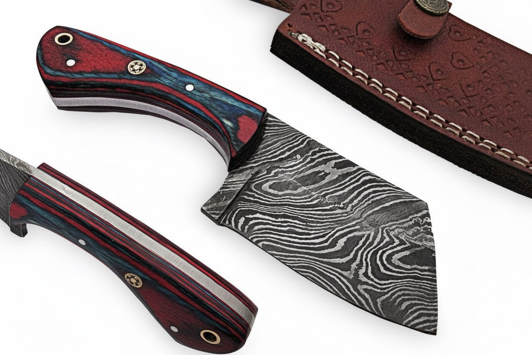 6-Inch Forged Damascus Cleaver Knife — Red and Blue Pakka Wood Handle, Mosaic Pin, Lanyard Hole & Tooled Leather Sheath | JW Steel Crafts