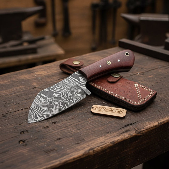 7-Inch Forged Damascus Skinner Knife — Red Micarta Handle, Full Tang & Leather Sheath | JW Steel Crafts
