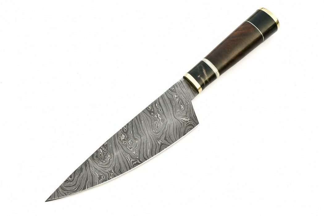 JW SteelCrafts Kiritsuke Butcher Slicer, Hand-forged Damascus, Brass-Capped Hardwood Handle