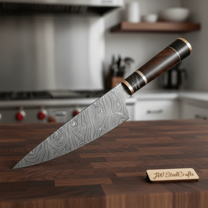 JW SteelCrafts Kiritsuke Butcher Slicer, Hand-forged Damascus, Brass-Capped Hardwood Handle