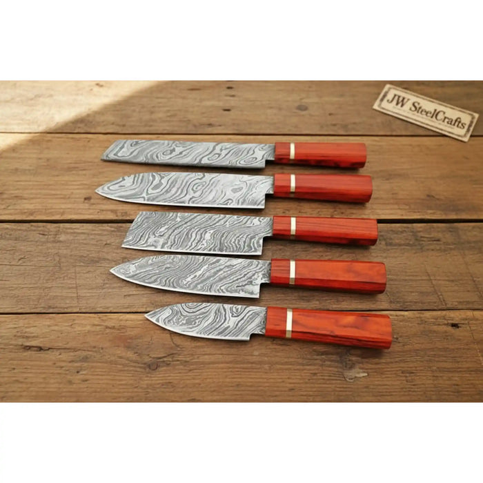 5-Piece Twisted Damascus Kitchen Knife Set — Sujihiki, Gyuto, Nakiri, Utility & Petty with Red Pakka Wood Handles | JW Steel Crafts