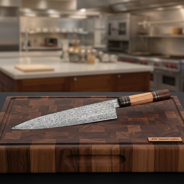 JW SteelCrafts Raindrop Damascus Kiritsuke-Style Chef Knife