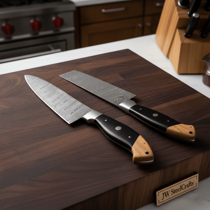 Twisted Damascus 12” Cleaver & 13” Chef Knife – Black Micarta and Olive Wood