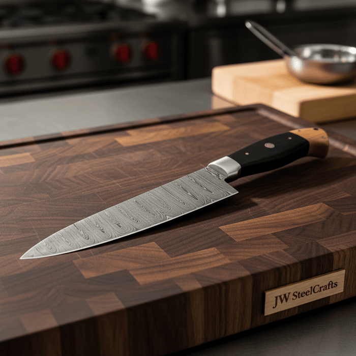 Twisted Damascus 12” Cleaver & 13” Chef Knife – Black Micarta and Olive Wood