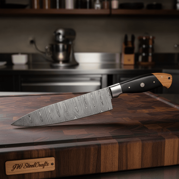 Twisted Damascus 12” Cleaver & 13” Chef Knife – Black Micarta and Olive Wood