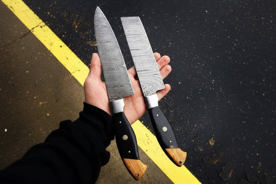 Twisted Damascus 12” Cleaver & 13” Chef Knife – Black Micarta and Olive Wood
