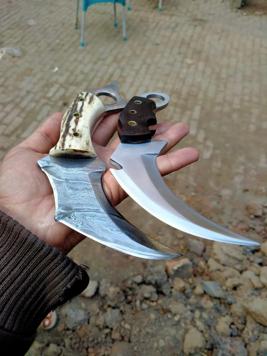 Damascus Steel Karambit Pair, Stag Horn & Wood Handle, 9-inch Blade