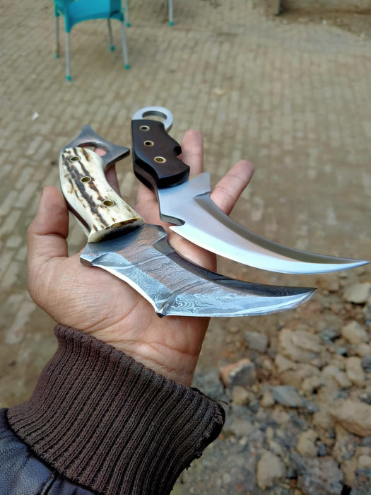 Damascus Steel Karambit Pair, Stag Horn & Wood Handle, 9-inch Blade