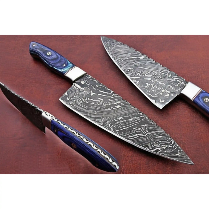 Kiritsuke-Style Damascus Chef Knife with Blue Wood Handle and Steel Bolster