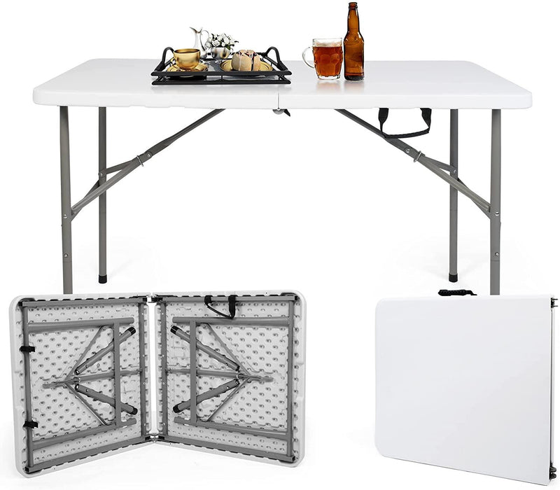 4FT Fold-in-Half Camping Table 48'' White Portable Folding Table w/Handle for Office, Picnic, Wedding