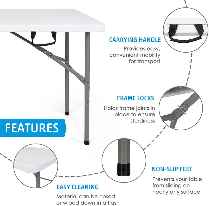 4FT Fold-in-Half Camping Table 48'' White Portable Folding Table w/Handle for Office, Picnic, Wedding