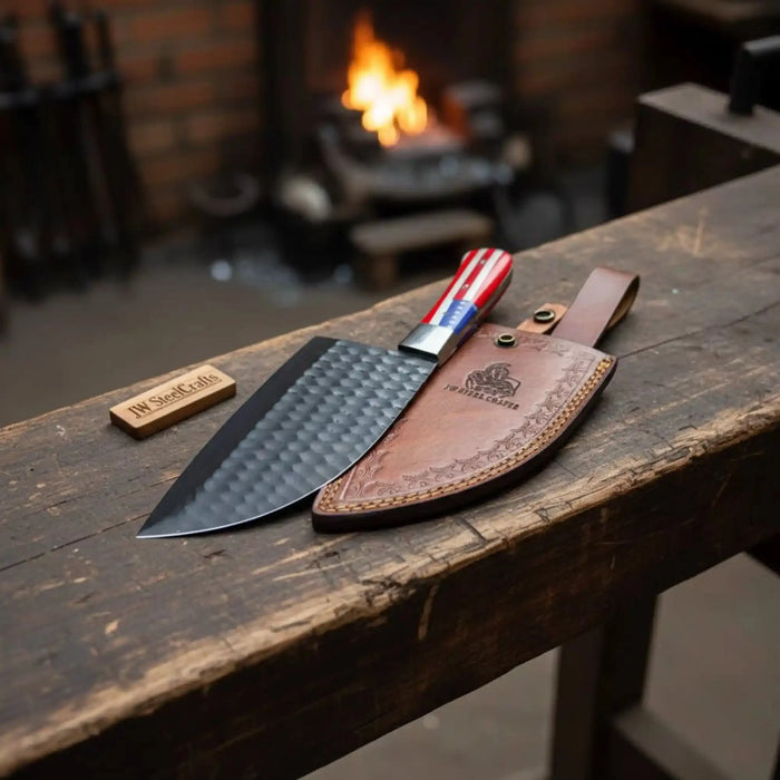 Ko-Santoku Knife with Hammered Carbon Steel Blade and USA Flag Handle