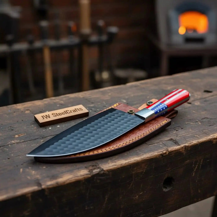 Ko-Santoku Knife with Hammered Carbon Steel Blade and USA Flag Handle