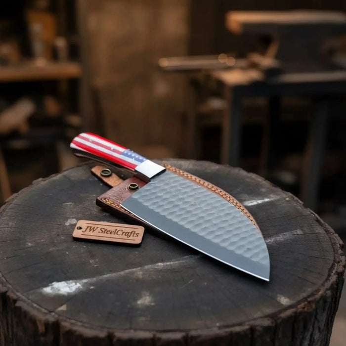 Ko-Santoku Knife with Hammered Carbon Steel Blade and USA Flag Handle