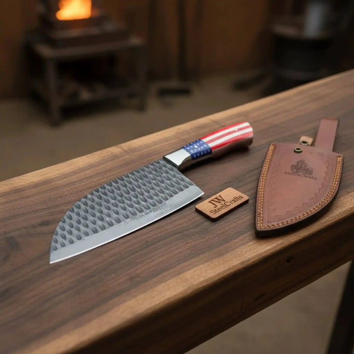 Ko-Santoku Knife with Hammered Carbon Steel Blade and USA Flag Handle
