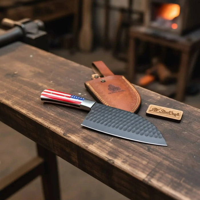 Ko-Santoku Knife with Hammered Carbon Steel Blade and USA Flag Handle