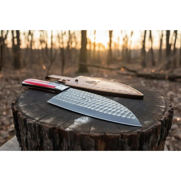 Ko-Santoku Knife with Hammered Carbon Steel Blade and USA Flag Handle