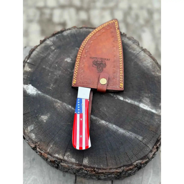 Ko-Santoku Knife with Hammered Carbon Steel Blade and USA Flag Handle