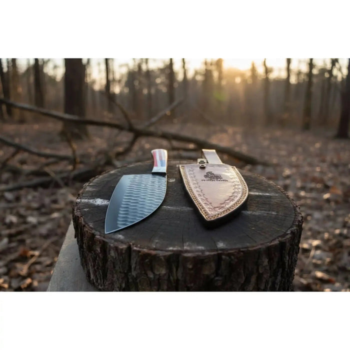 Ko-Santoku Knife with Hammered Carbon Steel Blade and USA Flag Handle