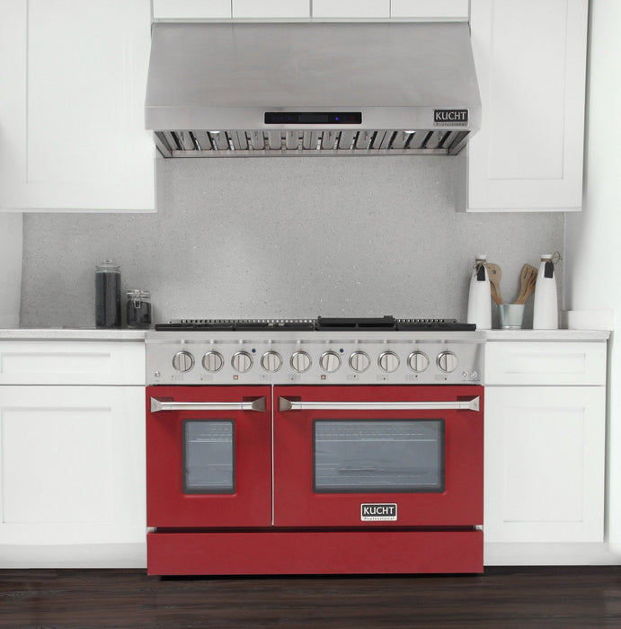 Kucht 48" Gas Range in Stainless Steel, Red Oven Doors, KNG481-R