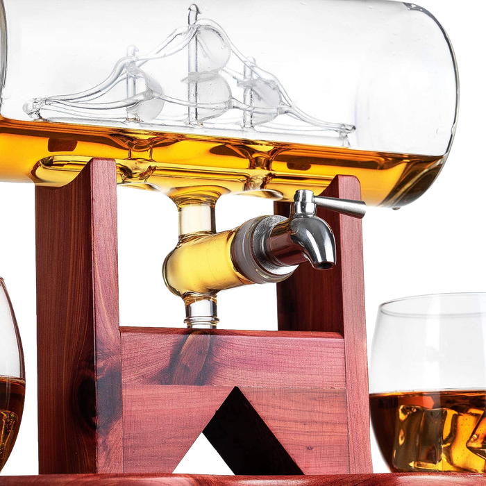 Whiskey Decanter Set, Liquor Dispenser for Home Bar, Crystal Glass - 1250ml Ship & 2 Whiskey Glasses Beautiful Stand Fathers Day, Gift for Dad, Husband or Boyfriend - The Wine Savant 100% Lead-Free