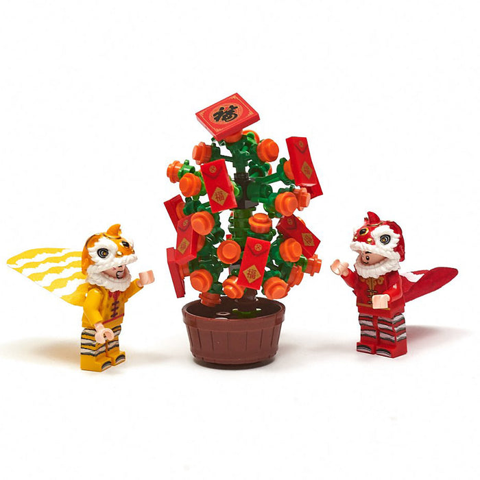 3 pc Set Lunar New Year LEGO MOC Figures (2 Lion Dancers + 1 Mandarin Tree)