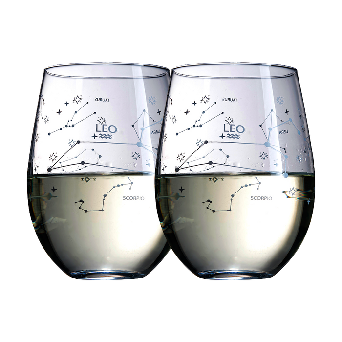 Set of 2 Zodiac Sign Wine Glasses with 2 Wooden Coasters by The Wine Savant - Astrology Drinking Glass Set with Etched Constellation Tumblers for Juice, Water Home Bar Horoscope Gifts 18oz (Leo)