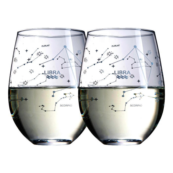 Set of 2 Zodiac Sign Wine Glasses with 2 Wooden Coasters by The Wine Savant - Astrology Drinking Glass Set with Etched Constellation Tumblers for Juice, Water Home Bar Horoscope Gifts 18oz (Libra)