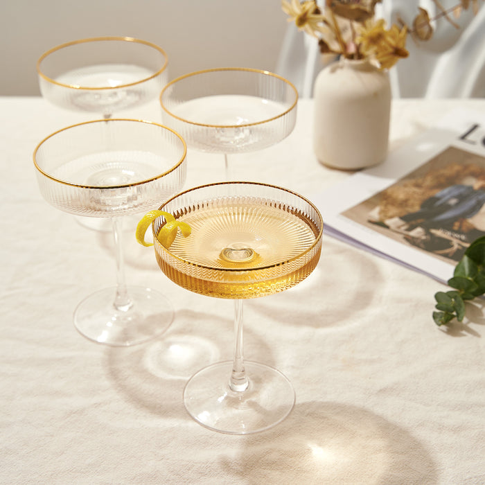 Ribbed Coupe Cocktail Glasses With Gold Rim 8 oz | Set of 4