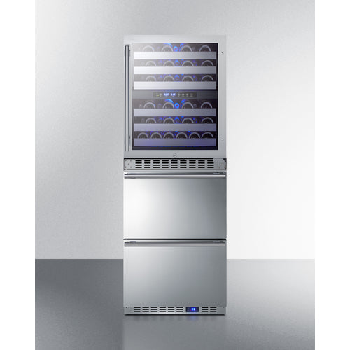 Summit Appliance 24 inch Wide Combination Built-In/Freestanding Upright Dual Zone Glass Door Wine Cellar And 2-Drawer Refrigerator In Stainless Steel