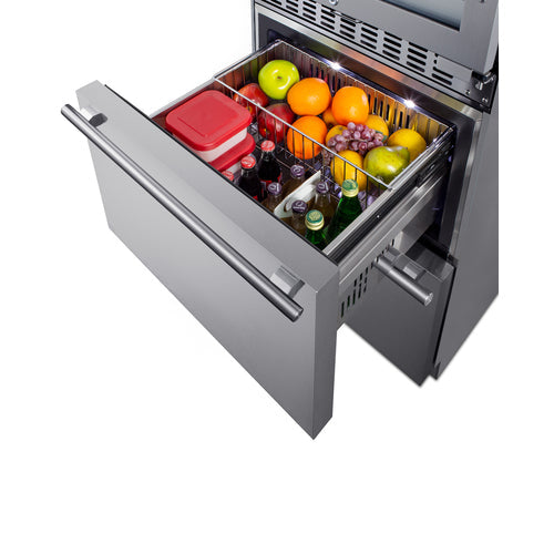 Summit Appliance 24 inch Wide Combination Built-In/Freestanding Upright Dual Zone Glass Door Wine Cellar And 2-Drawer Refrigerator In Stainless Steel