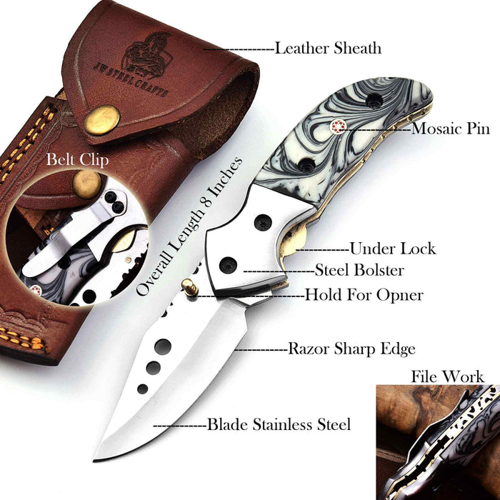 Marble Resin Folding Pocket Knife — Drop Point Blade, Brass Pivot, and Genuine Leather Sheath