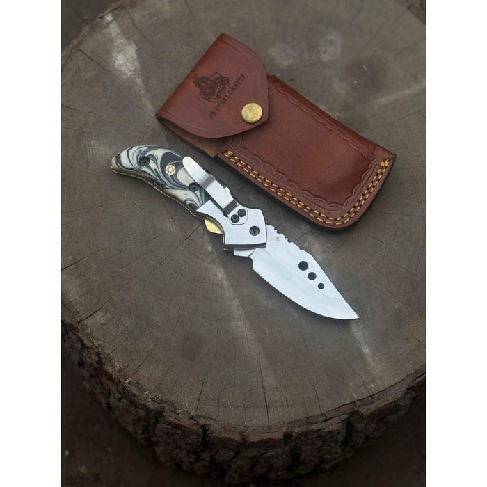 Marble Resin Folding Pocket Knife — Drop Point Blade, Brass Pivot, and Genuine Leather Sheath