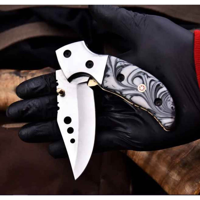 Marble Resin Folding Pocket Knife — Drop Point Blade, Brass Pivot, and Genuine Leather Sheath