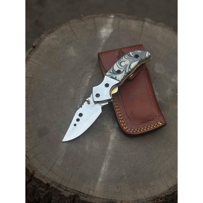 Marble Resin Folding Pocket Knife — Drop Point Blade, Brass Pivot, and Genuine Leather Sheath