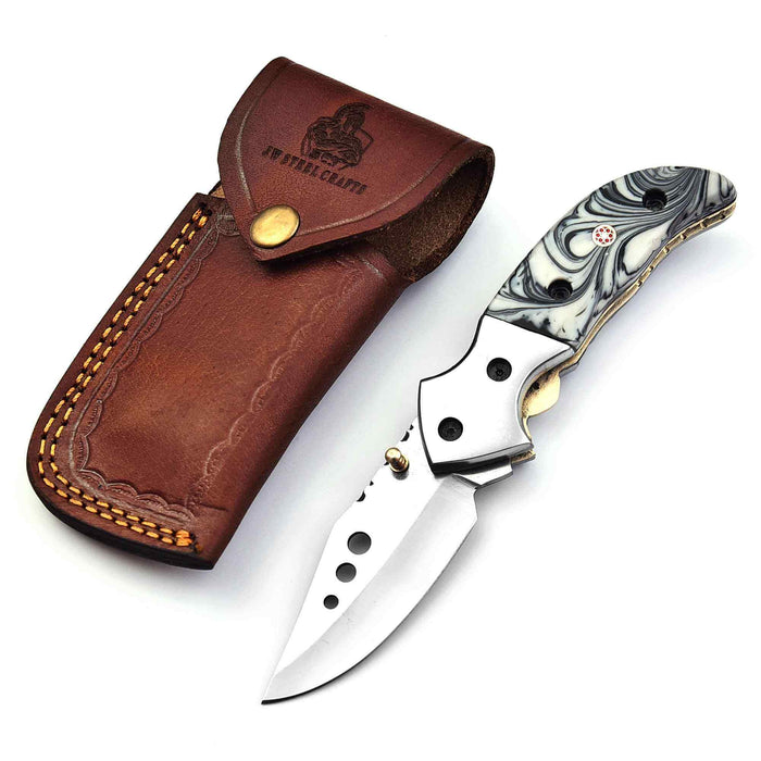Marble Resin Folding Pocket Knife — Drop Point Blade, Brass Pivot, and Genuine Leather Sheath