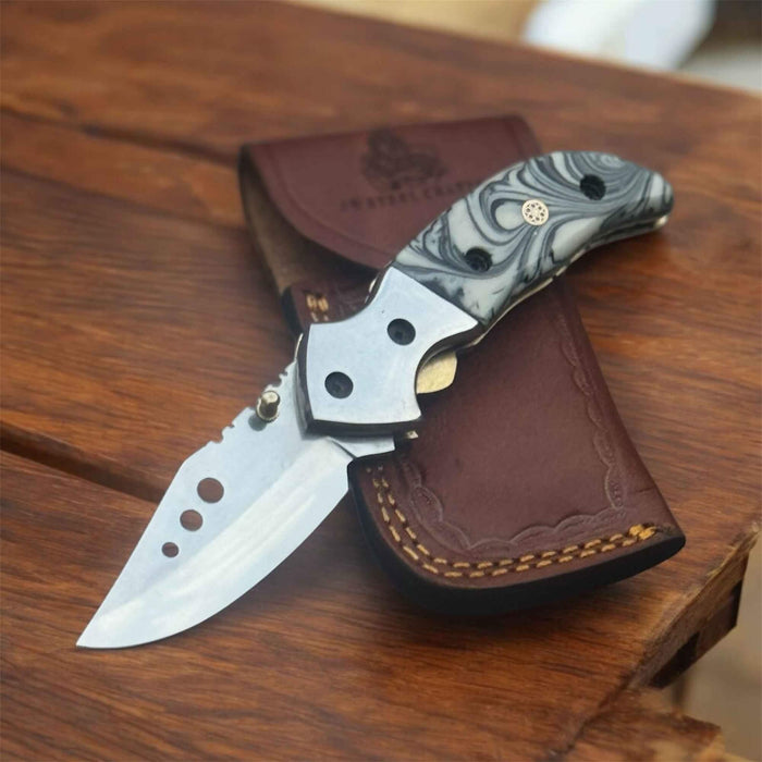 Marble Resin Folding Pocket Knife — Drop Point Blade, Brass Pivot, and Genuine Leather Sheath