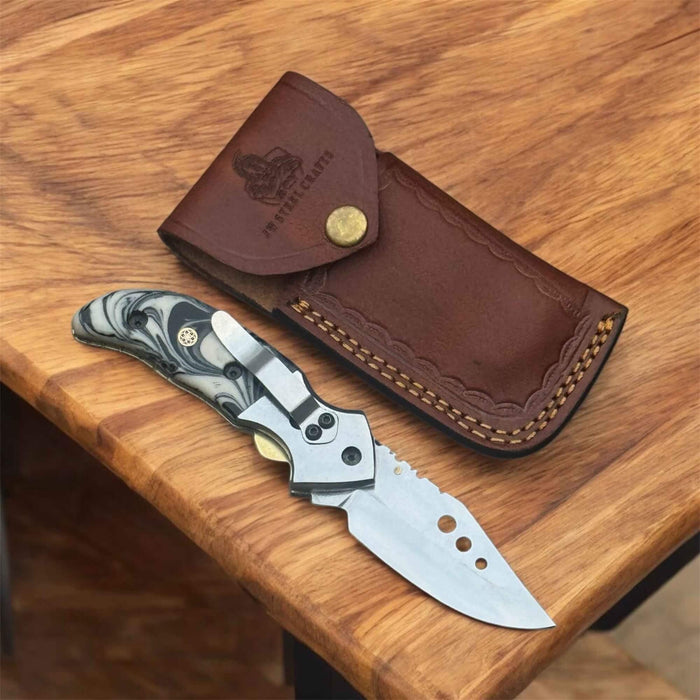 Marble Resin Folding Pocket Knife — Drop Point Blade, Brass Pivot, and Genuine Leather Sheath