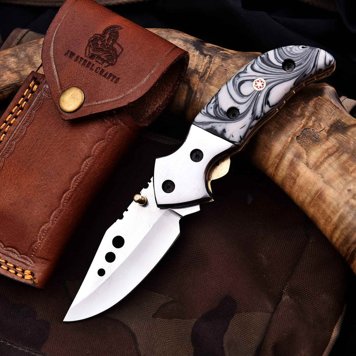 Marble Resin Folding Pocket Knife — Drop Point Blade, Brass Pivot, and Genuine Leather Sheath