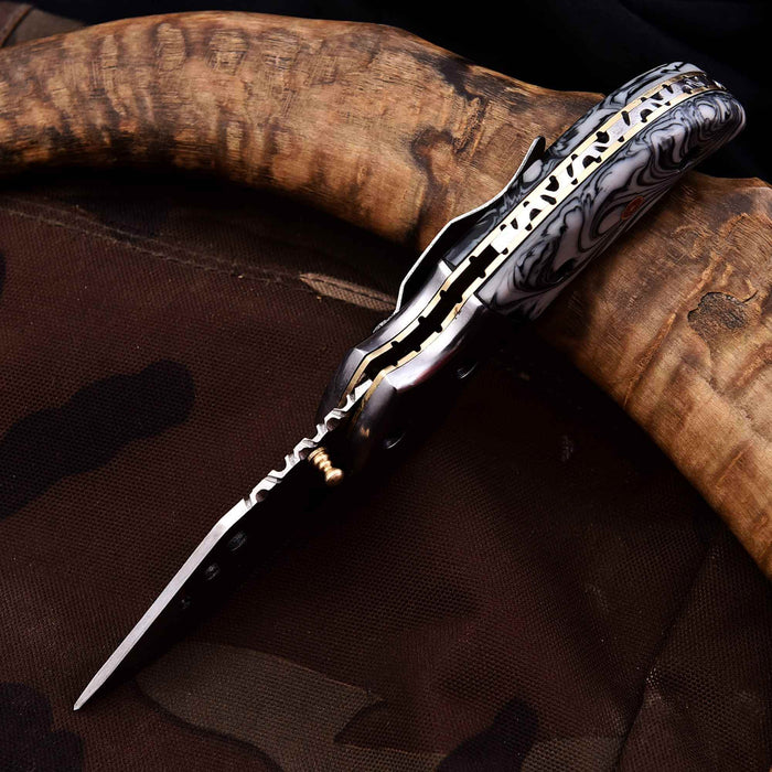 Marble Resin Folding Pocket Knife — Drop Point Blade, Brass Pivot, and Genuine Leather Sheath