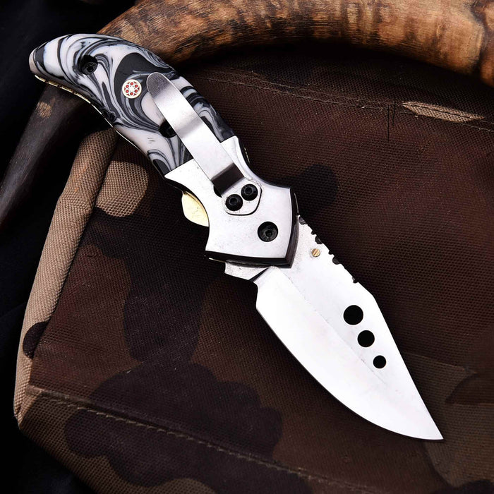 Marble Resin Folding Pocket Knife — Drop Point Blade, Brass Pivot, and Genuine Leather Sheath