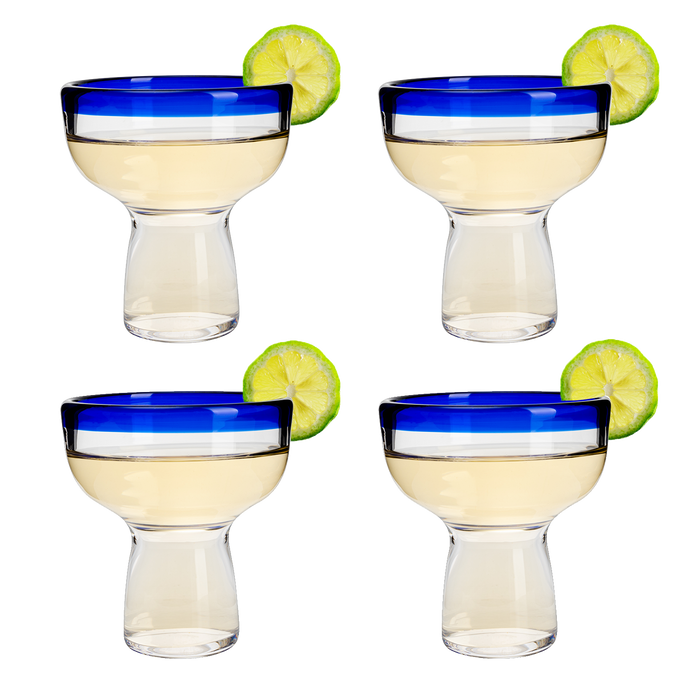Mexican Hand Blown Blue Rim Margarita Glasses - Set of 4 - Stemless Glass Luxury Hand Blown Mexico Margarita, Martini & Champagne Glasses Cinco de Mayo Glass, Large Party Cobalt Mexico Blue Rim Design
